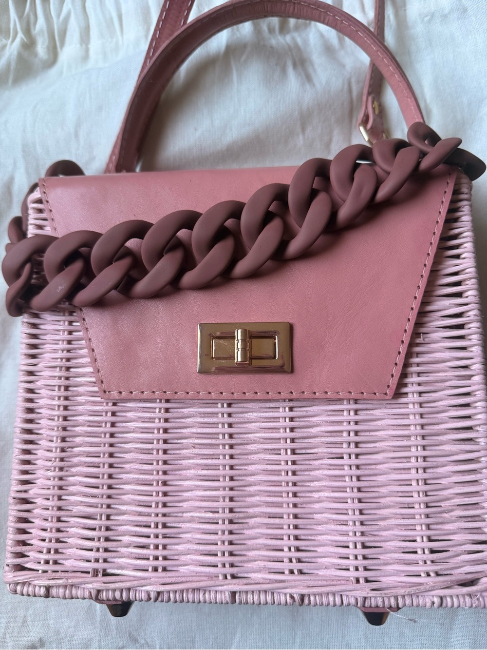 Pink Woven Top-Handle Bag with Chain Accent